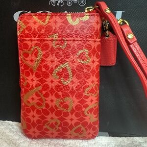 Coach Red Wristlet with Gold Heart Design